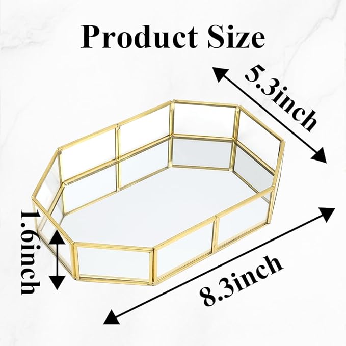 Mirror Glass Vanity Tray, Octagonal Gold Ornate Makeup Perfume Tray, Vintage Style Jewelry and Trinket Organizer for Dresser, Bathroom Storage Decor