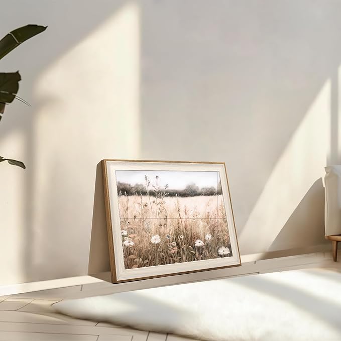 ASTRDECOR Framed Nature Wall Art Prints, Vintage Wildflower Field Landscape Canvas Wall Art Bedroom, Autumn Oil Painting Botanical Artwork, Plant Pictures Farmhouse Wall Decor Living Room - 12''x16''