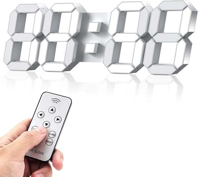 EPSKY 3D White Digital Wall Clock LED Large Alarm Clock Adjustable Brightness 12/24 Hours Display and Date Display for Kitchen Homes Offices Gyms (15inch)