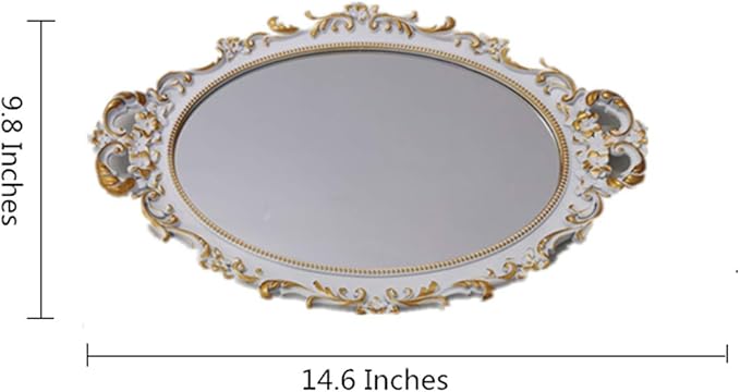 Oval Decorative Mirror Tray, French Style Flower Frame, Makeup Organizer, Jewelry Organizer, Serving Tray, 9.8"x 14.6", Golden White