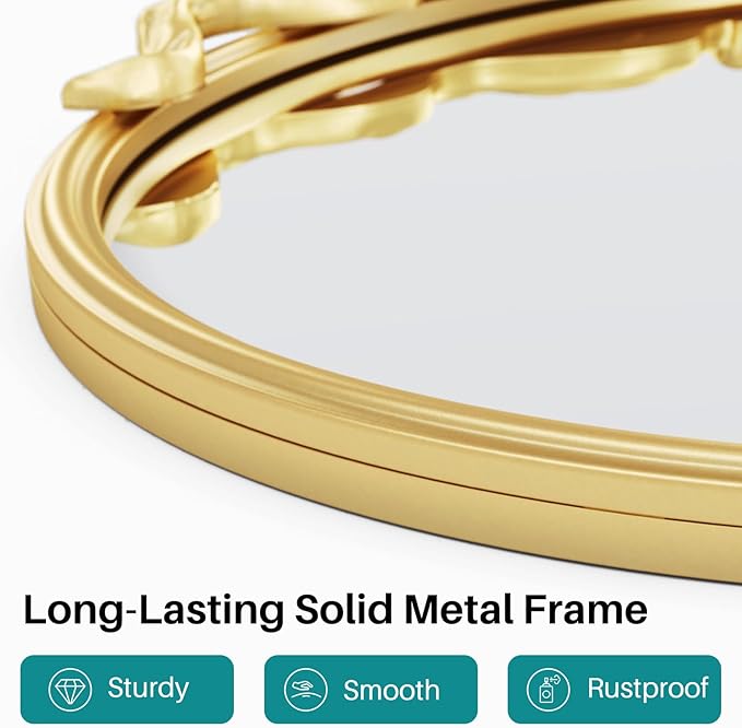 Round Gold Wall Mirror - 21"x21" Baroque Vintage Ornate Mirrors of Wall, Antique Gold Bow Mirror Circle with Metal Frame for Living Room, Bedroom, Nursery, Bathroom, Entryway, Hallway