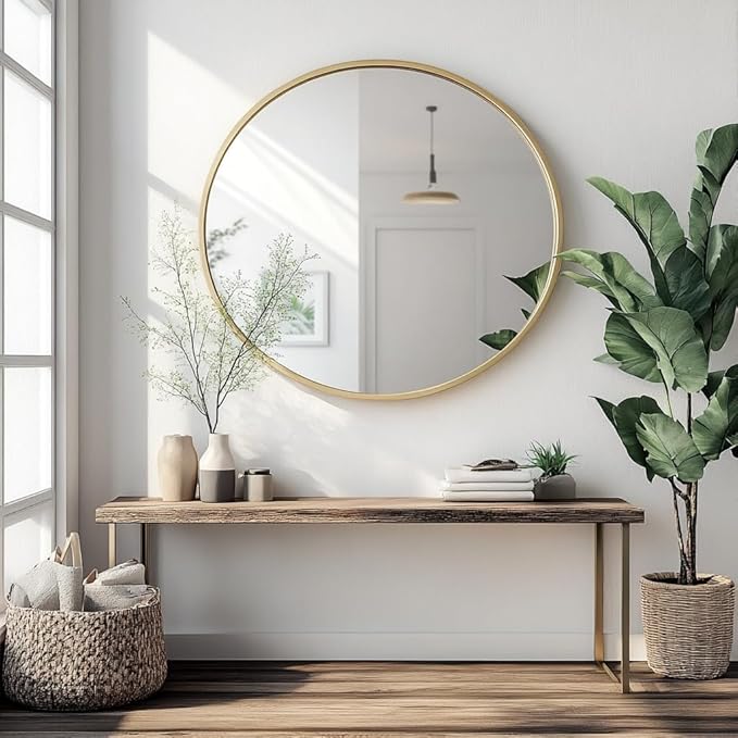 Oruii Gold Round Mirror, Gold Round Mirror 24 inch, Circle Wall Mirrors Metal Frame, Golden Circular Mirrors for Wall, Living Room, Bathroom, Entryway, Vanity, Hallway