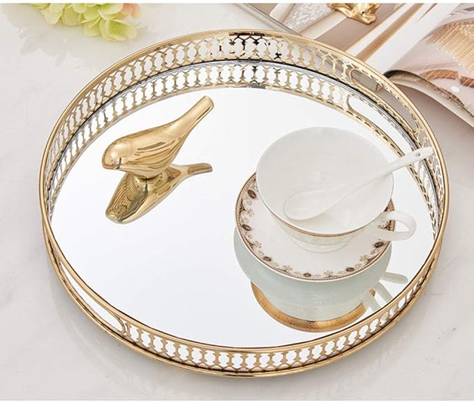 Vintage Gold Mirror Tray,Round Shape(12.6in) Ornate Geometric Brass Plated and Glass Display Storage Organizer,Jewelry Perfume Makeup Organizer Tray, for Dresser, Bathroom, Bedroom