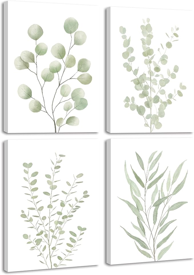 Drsoum Botanical Plant Framed Wall Art Boho Wall Decor for Bathroom Sage Green Eucalyptus Leaf Prints Minimalist Aesthetic Ready to Hang Set of 4, 12x16 in (Framed)