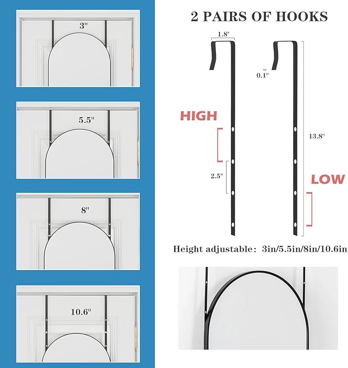DMWOODFL Arched Over The Door Mirror 50x16 Full Length Hanging Mirror with Adjustable Height, Space-Saving, Shatterproof Tempered Glass & Aluminum Alloy Frame for Bedroom, Dorm, Entryway, Gold