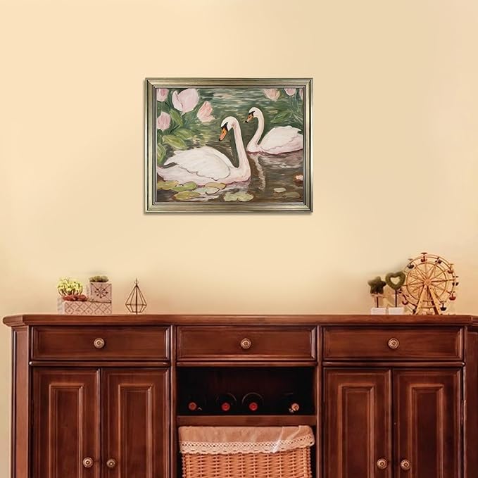 Vintage Framed Swan Wall Art Pink and Green Girls Room Decor Girly Office Canvas Print Painting Home Artwork