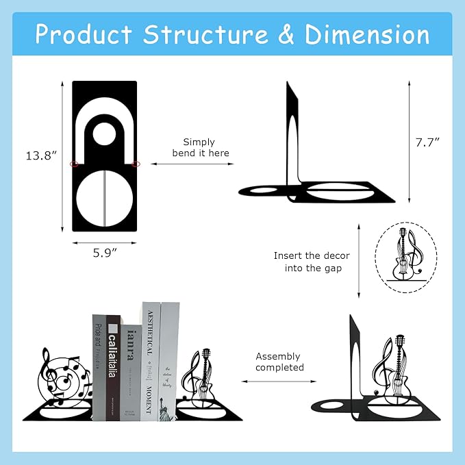 Music Note Metal Bookend, Music Bookends, Metal Musical Themed Book Ends, Guitar Bookends, Book Holders for Shelves, Desktop Organizer, Musical Bookshelf Home Decor