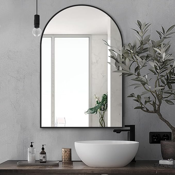Arched Wall Mirror, Black Decorative Hanging Mirror, 30"x20" Vanity Mirror Brushed Aluminum Alloy Frame for Bathroom, Bedroom, Living Room, Entryway, Hang Vertical or Horizontal