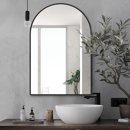 Arched Wall Mirror, Black Decorative Hanging Mirror, 30"x20" Vanity Mirror Brushed Aluminum Alloy Frame for Bathroom, Bedroom, Living Room, Entryway, Hang Vertical or Horizontal