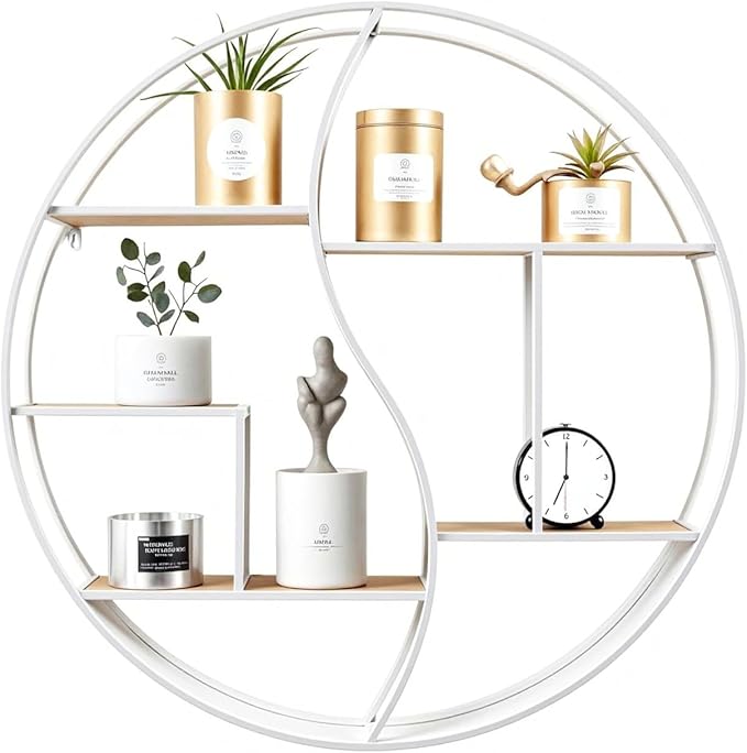Round Wall Shelf,24 inch Metal Circle Wood Floating Shelves,Rustic White Wall Mounted Display Organizer Shelf for Fireplace,Living Room,Bathroom
