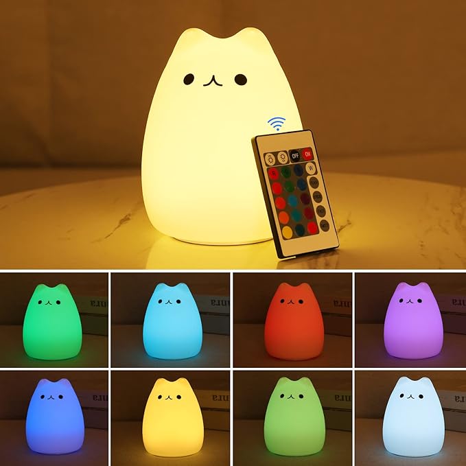 ZKLiLi Night Light for Kids Lamp, 16 Colors cat Lamp Cute, Dimmable Baby Night Lights for Nursery,Silicone Rechargeable Nightlight for Kids Room, Kawaii Room Decor (renqicat-Remote)