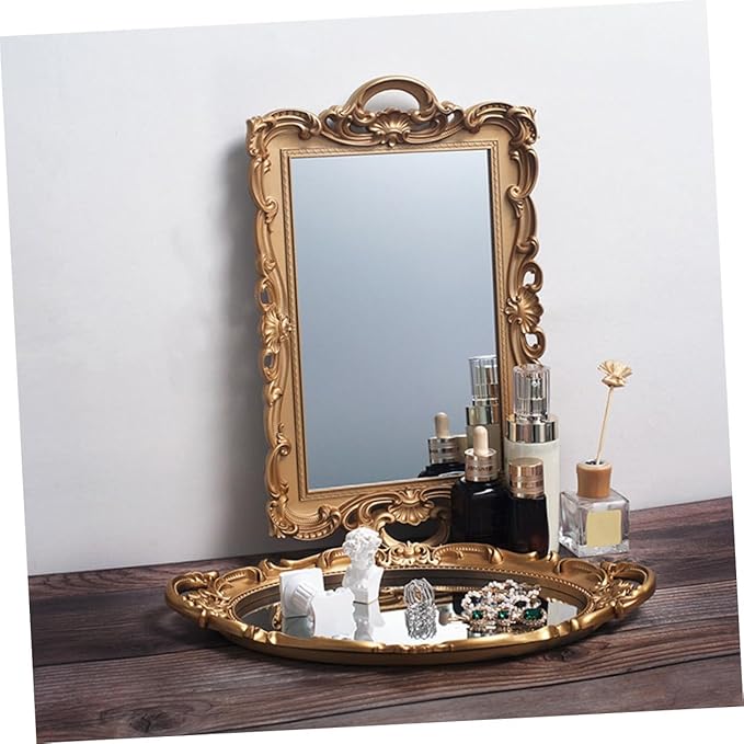 Cabilock Retro Mirror Makeup Tray Gold Rectangular Plastic Cosmetic Storage Plate Perfume Organizer Vanity Decorative Tray for Home and Dressing Table