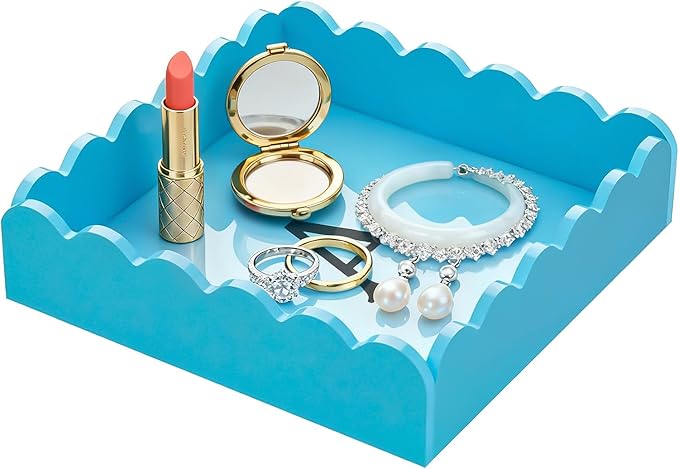 Scalloped Acrylic Tray, Glossy Blue Acrylic Decorative Tray for Home Decor, 8x8 Inch Acrylic Organizer Tray for Bathroom Vanity Countertop Square Acrylic Display Tray for Jewelry (Square Blue)
