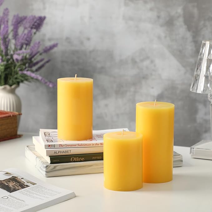 Yellow Pillar Candles Set of 3 - Spring Easter Yellow Candles Decorations, Hand-Poured Unscented Candle, Smokeless Decorative Candle for Home, Set of 3 in Different Sizes (4", 5", 6")