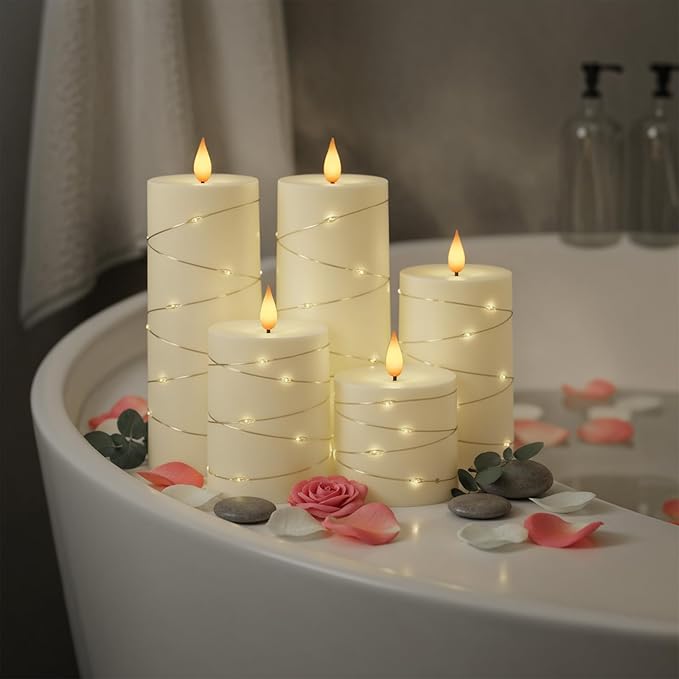 Raycare Flameless Candles with Remote Timer, Flickering Battery Operated LED Pillar Fake Candle with String Lights for Home Decor, Christmas, Wedding and Gift, Ivory, Set of 5
