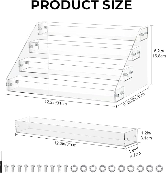 Tiered Spice Rack Acrylic, 4 Tier Spice Rack Shelf Seasoning Organizer, Clear Perfume Organizer, Makeup Display Stands Double Sided Usable for Better Presentation