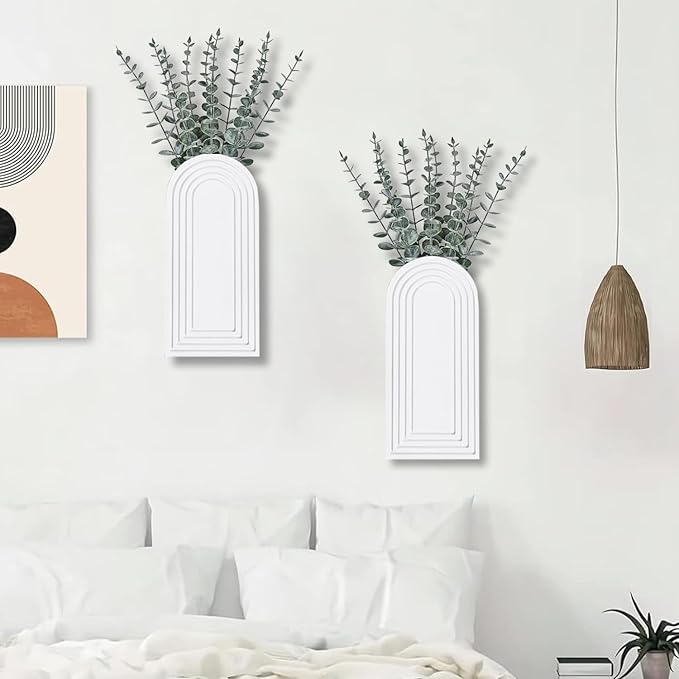 Dnnnii 2 Pack Wooden Wall Vase Set - White Finish Modern Farmhouse & Boho Wall Decor for Entryway, Hallway, Bathroom, Living Room, Dining Room, Narrow Spaces
