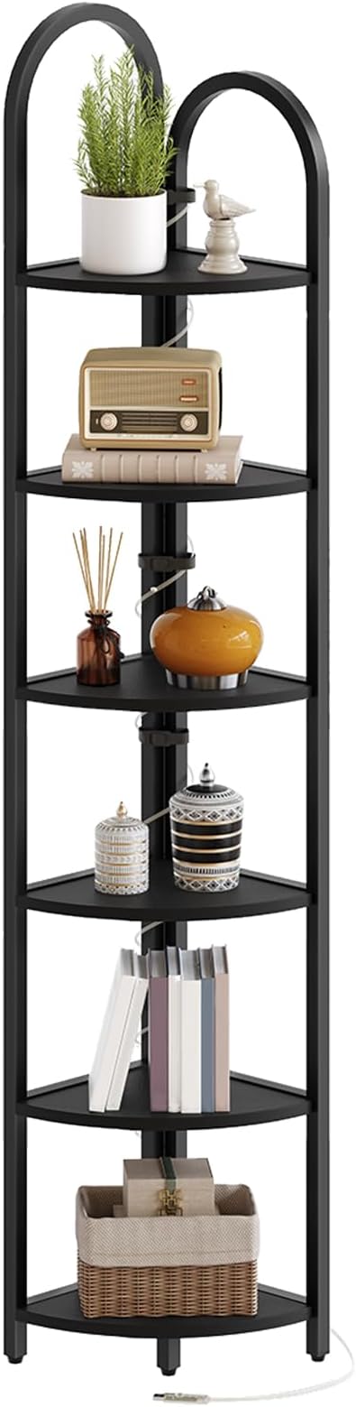MAHANCRIS 6 Tier Corner Shelf with LED Light, 74.6'' Tall Corner Bookshelf Stand, Narrow Display Bookcase with Storage Rack for Wall Corner, Living Room, Bedroom, Small Spaces, Black CSBK66101