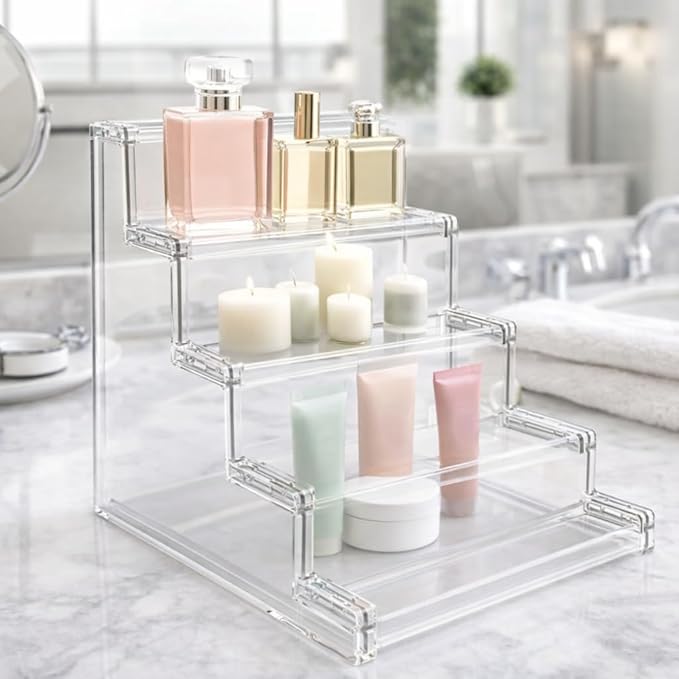 3 x 3-Tier Clear Acrylic Organizer Display Stand – Makeup, Skincare, Perfume, Cupcake Holder, Countertop Storage Shelf for Bathroom, Kitchen, Vanity and Retail Display