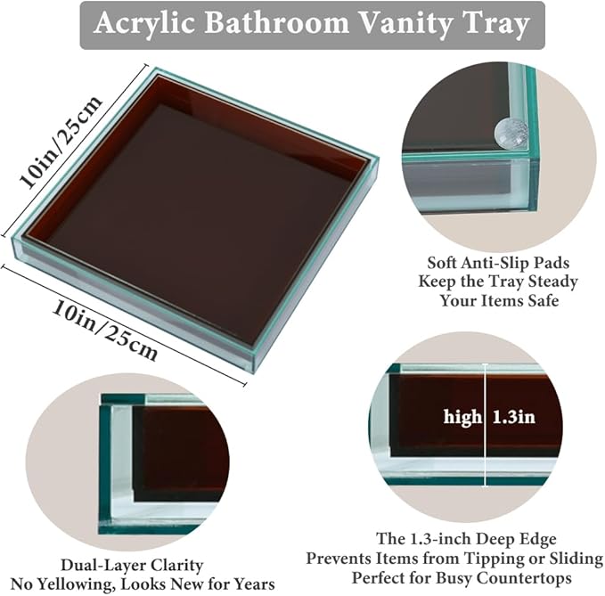 10"x10" Brown Acrylic Tray, Decorative Bathroom Vanity Counter Tray for Perfume, Candle, Soap, Coffee Table & Kitchen – Square Acrylic Organizer for Sink, Entryway Table, Dresser Home Decor