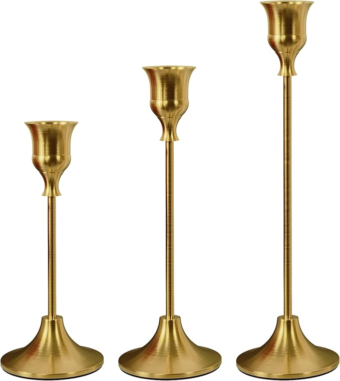 NLBTW Brass Gold Candlestick Holders Taper Candle Holders, Set of 3 Vintage Candle Sticks Holder Decor Used as Fireplace Mantel or Table Centerpieces for Wedding, Dinning, Party