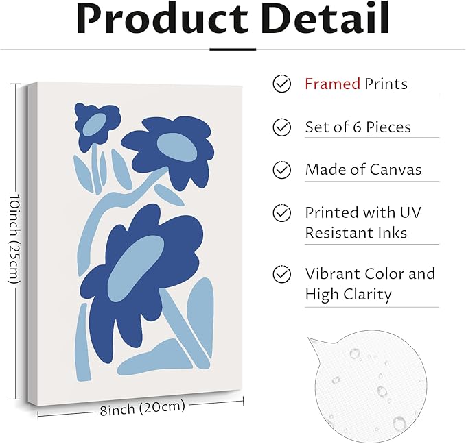 Matisse Flower Wall Art Prints Blue Abstract Wall Decor Aesthetic Matisse Canvas Wall Art Picasso Gallery Posters Matisse Preppy Pictures Flower Paintings for Bathroom 8x10 Inch Set of 6 Ready to Hang