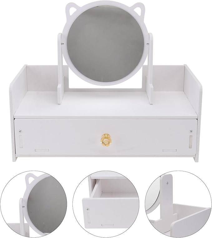 ARTIBETTER Desktop Makeup Mirror with Storage Drawer, Large Portable Cosmetic Organizer Box, Round Mirror with Single Drawer, Home Dressing Table Makeup Storage Solution