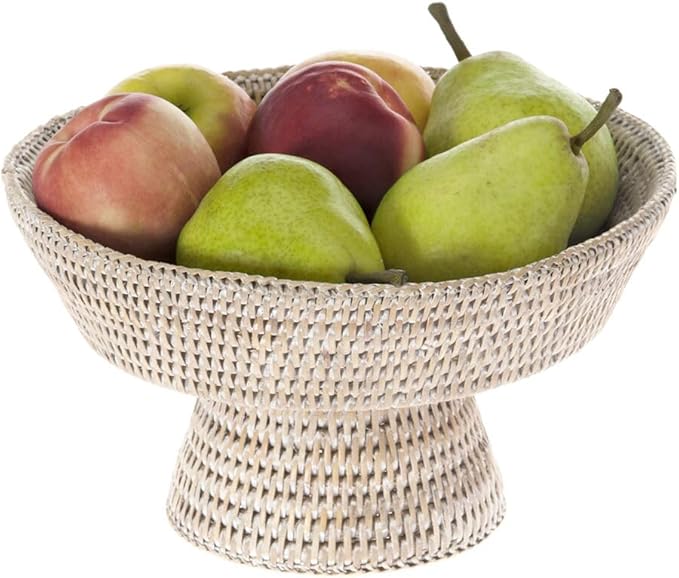 KOUBOO La Jolla Rattan Fruit Bowl, Decorative Kitchen Basket, Wicker Storage Bowl for Fruit, Vegetables, Modern Home Decor, Serving Platter, Small Tray, White Wash