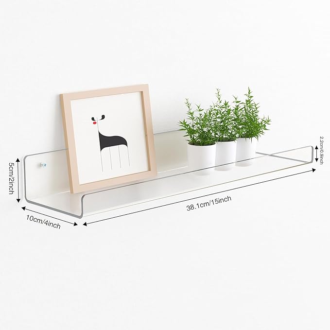 Acrylic Shelves for Bathroom Storage, 15" Floating Shelves Wall Organizer for Perfume, Make up, Skincare, Kids Bookshelf for Bedroom, Nursery, Living Room Decor, Clear 1 Pack
