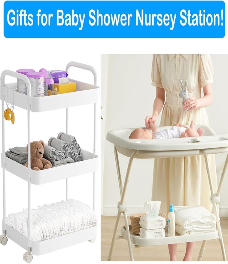 Volnamal Diaper Caddy Organizer, 3-Tier Movable Diaper Cart with Wheels, Newborn Essentials Must Haves, Diaper Caddy for Wipes & Diapers, Baby Registry Search - Plastic White