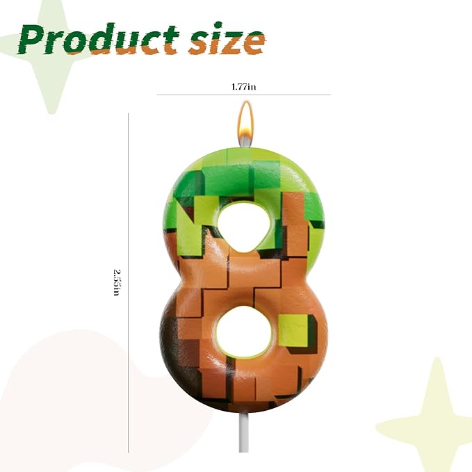 Pixel Miner Number Candle for Birthday Cake - 2.7 Inch Video Game Themed Party Decoration, Dynamite Style Cake Topper for Boys Girls Kids Anniversary Supplies(Retro Art, 8)