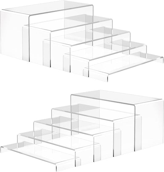 ANDGOO 10 Pack Large Acrylic Display Stands, 2 Set(10”L~11”L~12”L) Perfume Stand Organizer, Clear Cupcake Stand, Display Risers for Retail Stores Special Events Exhibitions Home Decoration