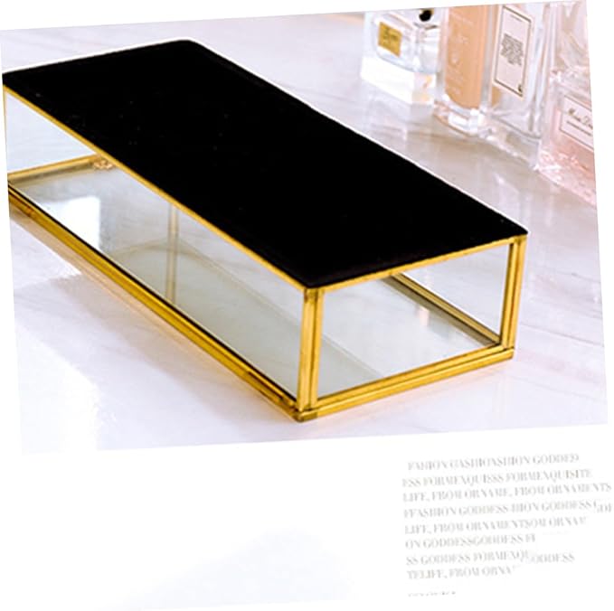 Uonlytech Vintage Geometric Glass Jewelry Storage Box with Golden Trim Desktop Organizer for Earrings Rings Necklaces Elegant Display Case for Wedding Favors and Makeup Storage
