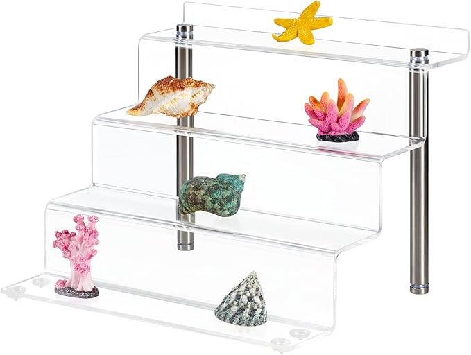 CECOLIC Acrylic Riser Shelf 4 Tier Clear Display Stand for Collectibles Pop Figures, Cupcakes, Perfumes, Display Risers for Decorating & Organizing - 9 x 8.3 x 6.8 in (Small, 2 Pack)