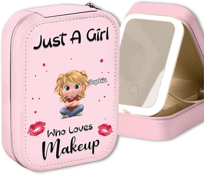 Wrappiness Women & Girls Floral Makeup Box With LED Mirror - Personalized Birthmonth Flower Travel Jewelry Organizer Gift for Daughters Sisters on Birthday (A Girl Loves Makeup, Toddler Girls)
