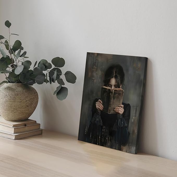 Dark Academia Book Wall Art Vintage Gothic Victorian Woman Reading Wall Decor Poster Painting Picture Moody Girl Aesthetic Canvas Print for Bedroom Living Room Dorm Library Corner 16x24Inch Framed