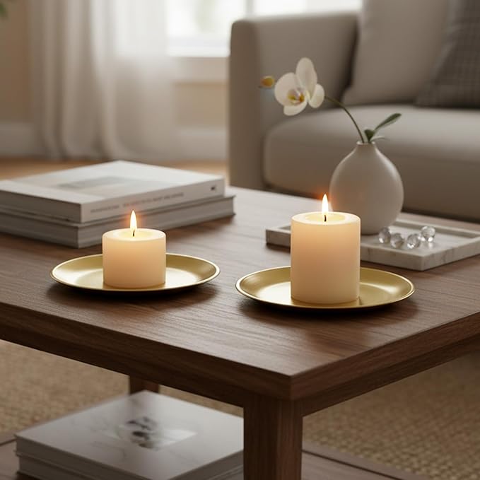 2 Pack Gold Pillar Candle Holders Decor, 5.5 Inch Round Flat Candle Tray for Pillar Scented Ball Candles Decorative Candle Stand for Coffee Table Decor Wedding Party Home Decor