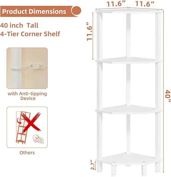 YUFAM 4-Tier Corner Shelf with Sturdy 5-Leg Base, 42in Tall Narrow Bookcase for Small Spaces, Wooden Plant Display Shelf, Thin Bookshelf for Living Room, Bedroom, Office, White
