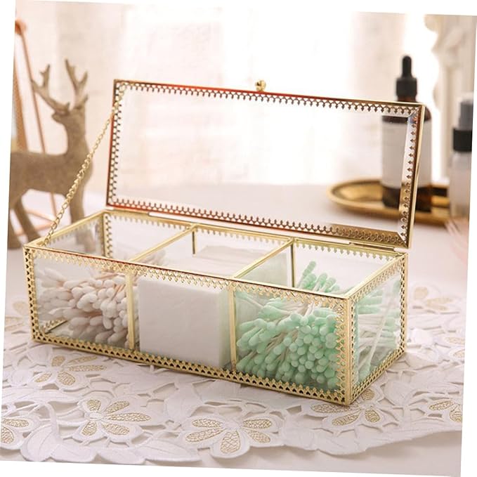 POPETPOP Glass Jewelry Box with Metal Frame Compartments Makeup Organizer and Desk Storage Dustproof Vanity Organizer for Rings Earrings Necklaces Bracelets Watches and Cosmetics