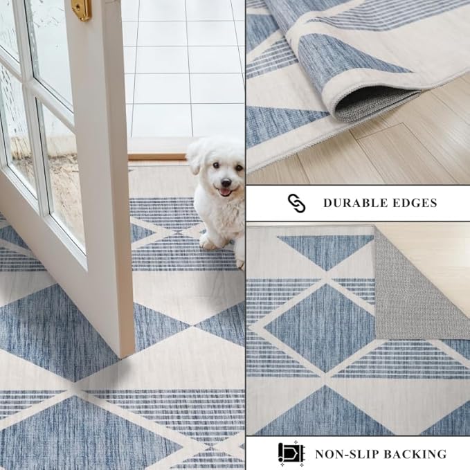 TOPRUUG Area Rug 5x6 Washable: Geometric Non-Slip Low Pile Rugs for Living Room Large Kitchen Bedroom Office - Ultra Soft Modern Aesthetic Home Decor (Blue White, 5X6)