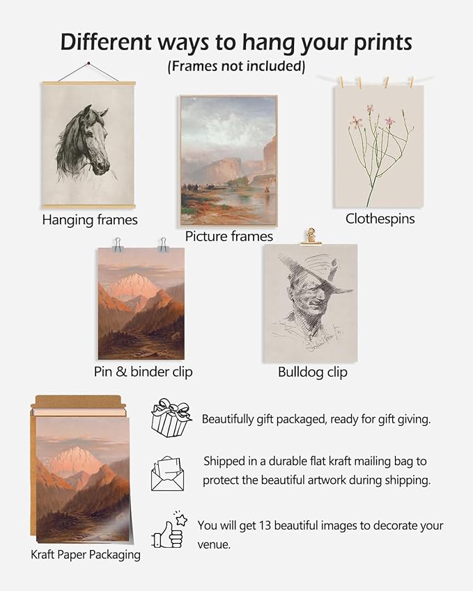 KBKBART Vintage Western Wall Art Prints, Farmhouse Western Cowboy Canvas Pictures, Southwestern Boho Ranch Desert Wall Decor Aesthetic for Bedroom, Bathroom Decor, Southwest Prints for Home (Unframed- Set of 13)