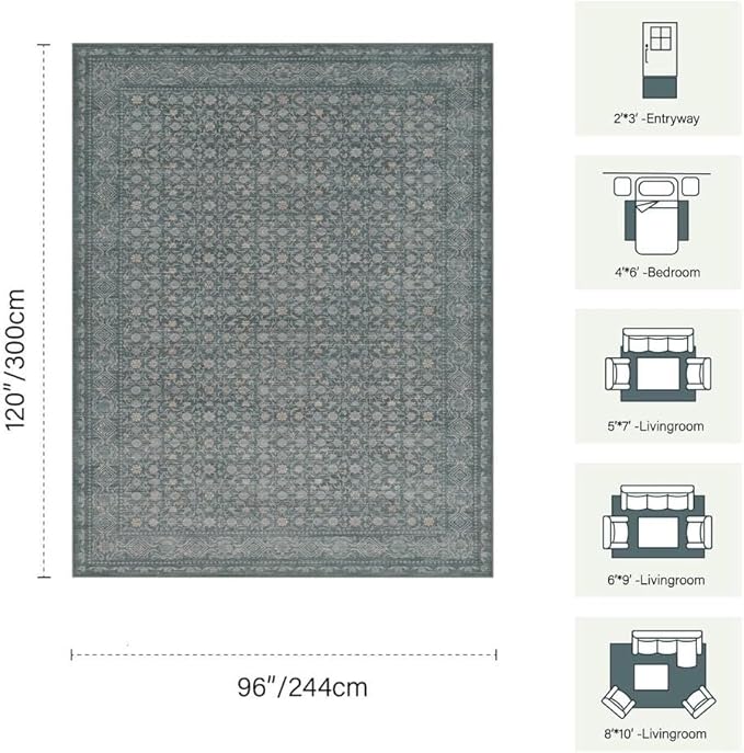 8x10 Washable Area Rug for Living Room, Extra Large Vintage Boho Rugs for Dining Room, Kids Room, Farmhouse, Durable Low Pile Non Slip Carpet for High Traffic Areas, Soft Blue