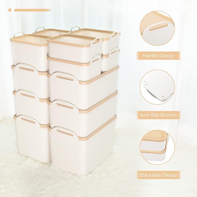 ANMINY 12PCS Plastic Storage Bins Containers with Lids, Large Storage Organization Bins Boxes, Lidded Plastic Storage Baskets for Closet Shelves Desktop, Wheat Lids, 2XL + 4L + 2M + 4S