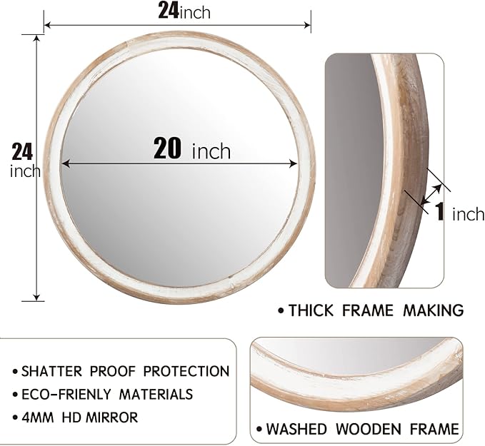 Reflinto 24 Inch Rustic Farmhouse Round Wall Mirror for Home Decor, Washwhite Wooden Circle Decorative Mirrors for Bathroom Over Sink, Bedroom, Entryway, Living Room, Kithen, Office