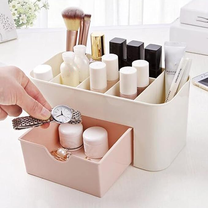 6 Compartments Cosmetics Makeup Organizer Cosmetic Storage Box with Drawer Multifunctional Makeup Desk Organizer for Home Bathroom(Pink)
