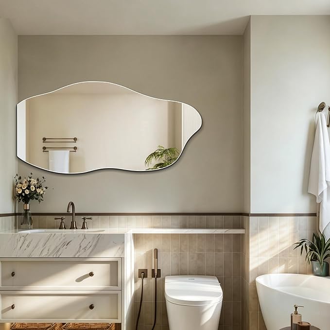 Niccy 48"×24" Frameless Wavy Full Length Mirrors, Long Wall-Mounted Mirror for Living Room, Large Full Body Floor Mirror, Explosion-Proof Tall Hanging-Mirror for Bathroom Bedroom Entryway Decor
