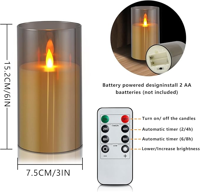 wemarry Flameless Candles Acrylic Glass Pillars 3" D x 6" H Battery Operated Flickering Candles Include 8-Key Remote with Timer Function 400+ Hours (Gray, Warm Light 2 Pack)