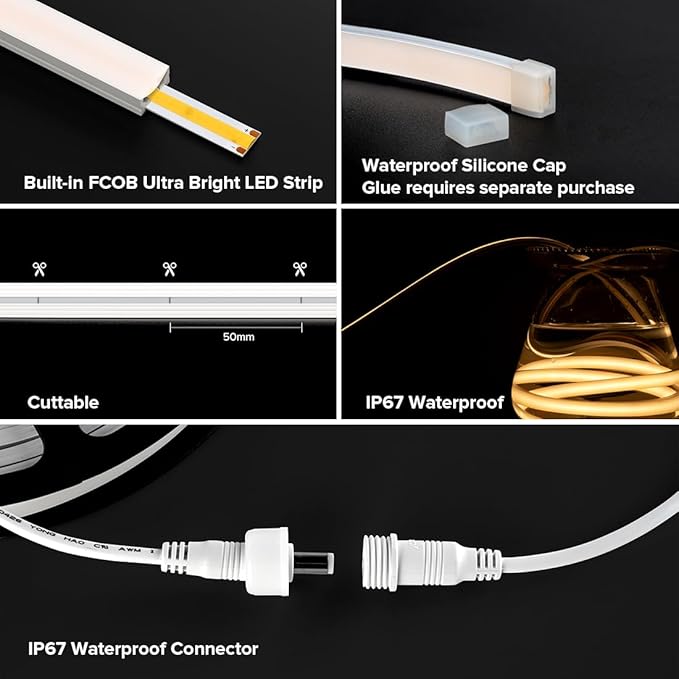 BTF-LIGHTING FCOB COB LED Strip IP67 Waterproof Flexible High Density Uniform Diffused Neon Light 16.4FT DC12V Warm White 2700K 480LED/m CRI 90+ for Indoor Decor(No Adapter or Controller)
