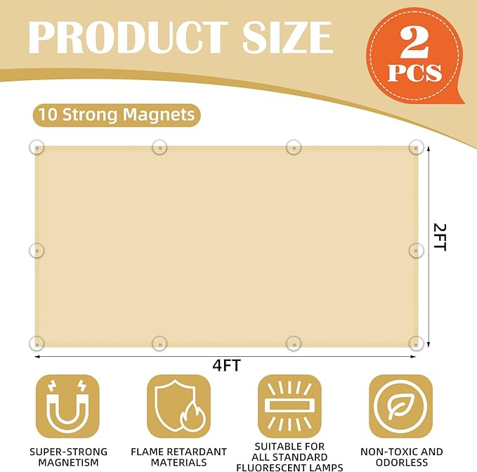 ANGSYLTH 2 Pcs Fluorescent Light Covers - 4 x 2 Feet Covers for Ceiling Lights, Magnetic Light Filters for Classroom, Office, Hospitals, Home