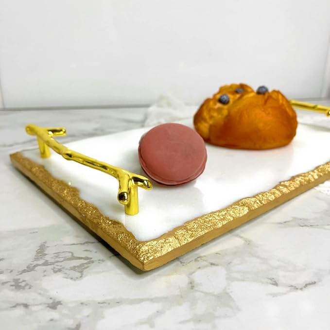 White and Gold Marble Tray (11.7X7.8X1.5 Inch, 4lbs) Luxury Display in Home and Kitchen for Table Handmade, Luxury Tray (White, Gold)